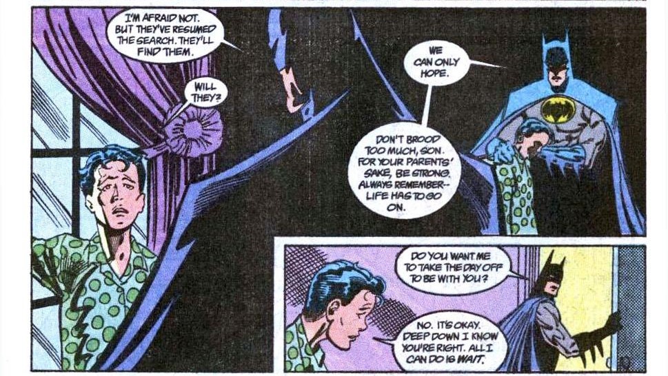 Batman comforts Tim Drake and offers to take the day off for him.
