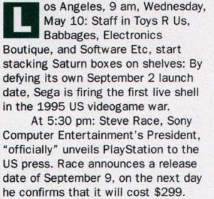 The times and dates of Sega's launch and Sony's price drop.