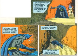 Batman collapses on the stairs.