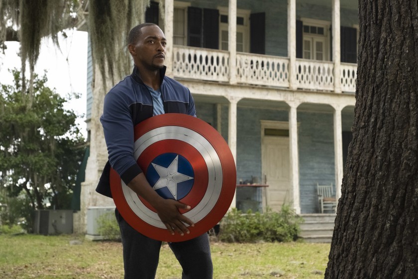 Anthony Mackie as Sam Wilson in Falcon and the Winter Soldier, holding The Shield.