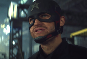 Wyatt Russell as John Walker, in the Captain America costume, in Falcon and the Winter Soldier