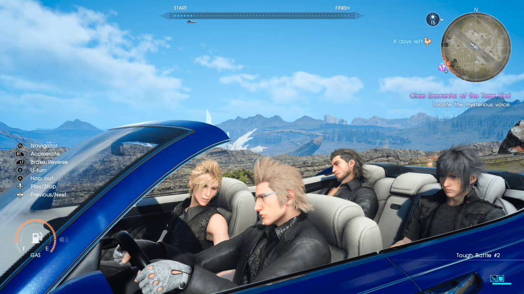 Screen shot of the Final Fantasy XV showing the party driving in their car, the Regalia.