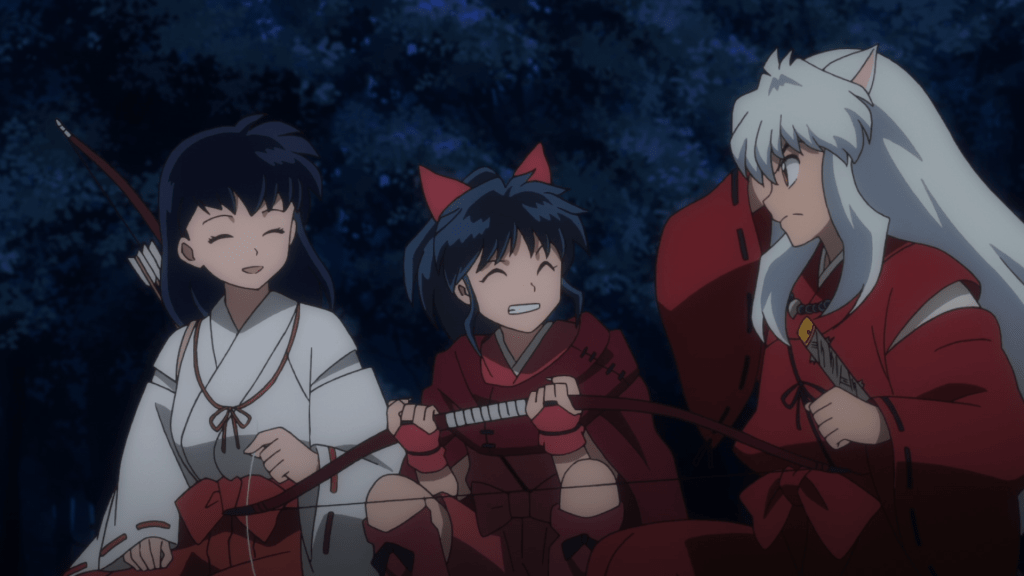 Moroha sitting between Kagome (Left) and Inuyasha (Right) in the second season of Yashahime.