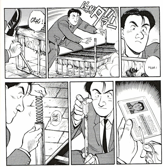 Series of panels from Master Keaton showing Taichii Keaton engaging in a feat of MacGyver-esque enginuity.