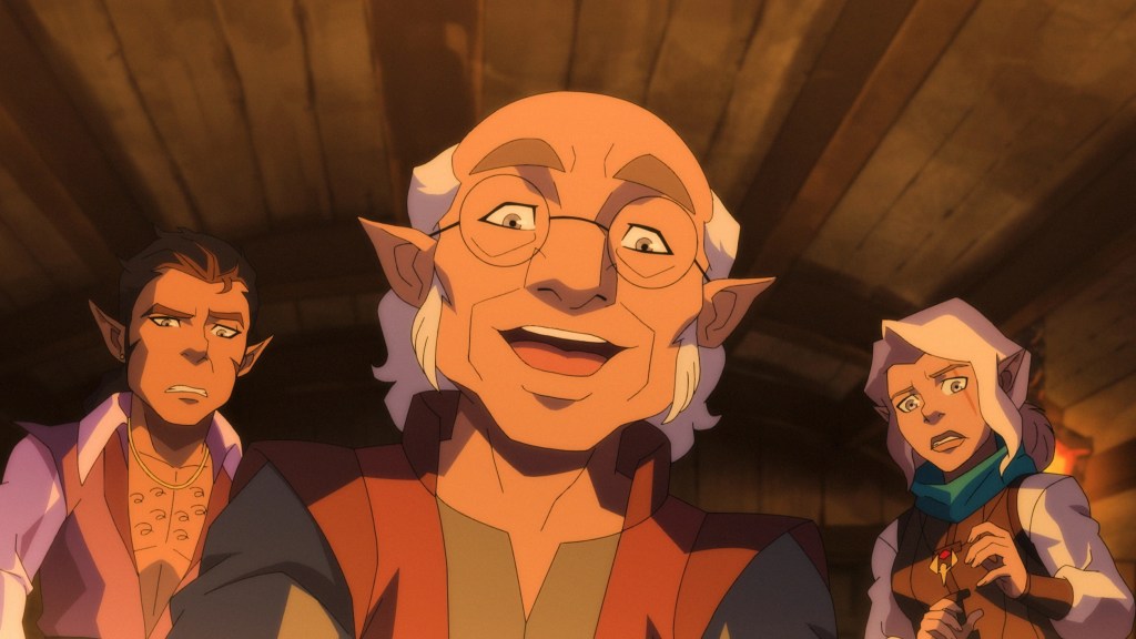 Wilhelm Trickfoot (voiced by Henry Winkler) with Scanlan and Pike on either side, from Legend of Vox Machina