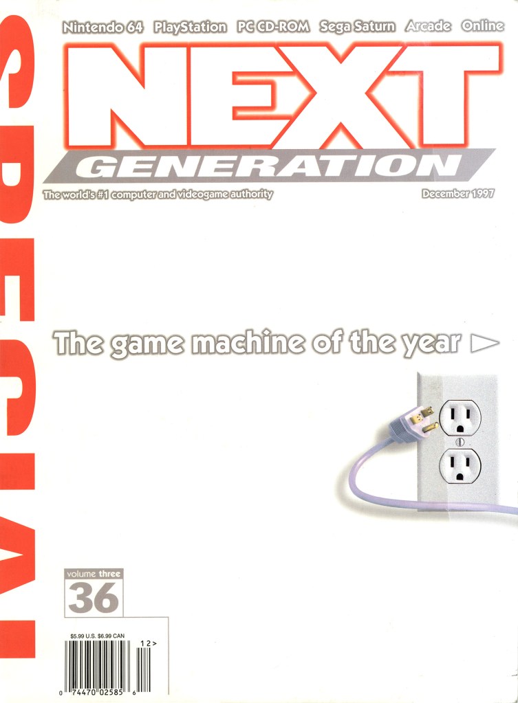 Cover of NextGen #36, showing a wall outlet with a cord unplugged, with the text "The Game Machine of the Year"