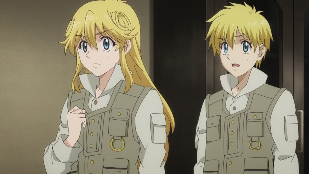 From right Majic and Claiomh from the final season of Orphen, wearing khaki tactical vests. 