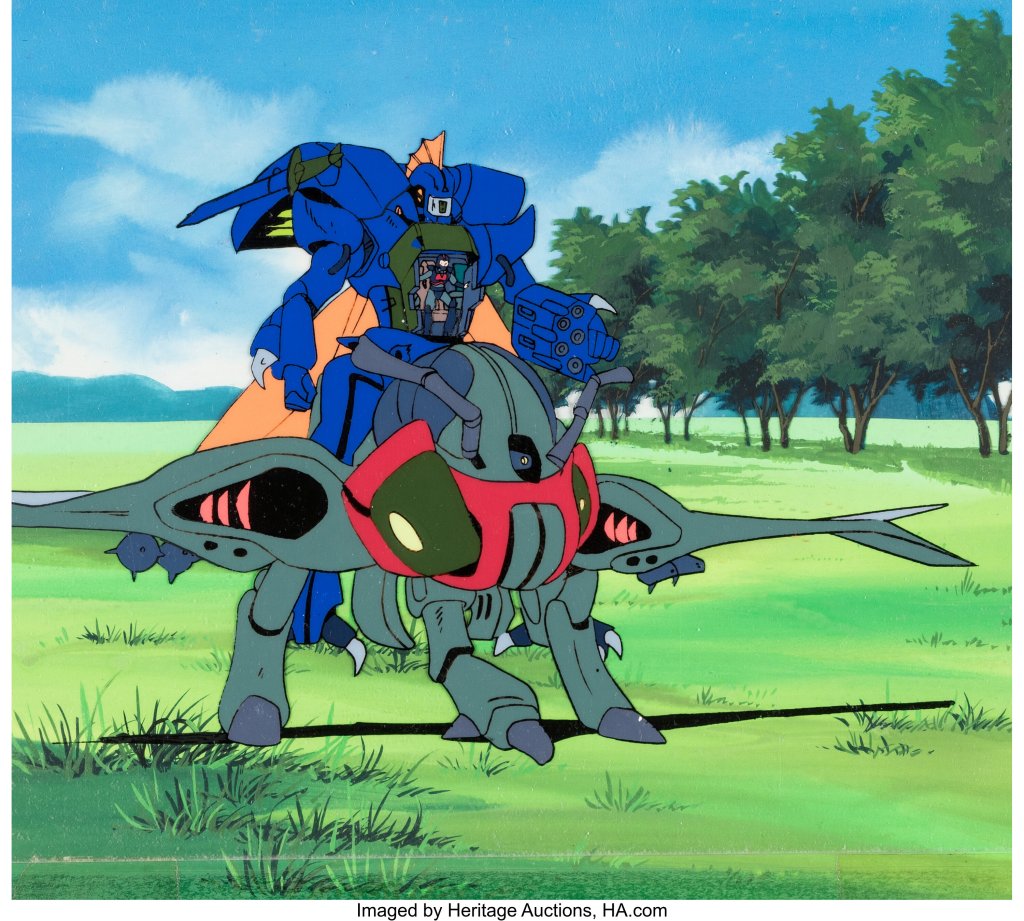 Cell from Aura Battler Dunbine showing two mechs from the series.
